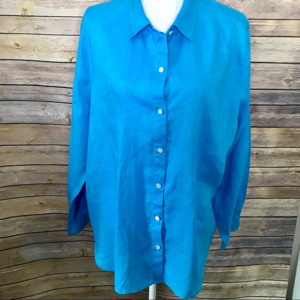 J. Jill Button Down Bright Blue Linen Shirt